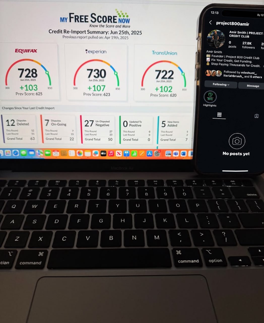 3-bureau credit report showing scores of 728, 730 and 722 after disputes