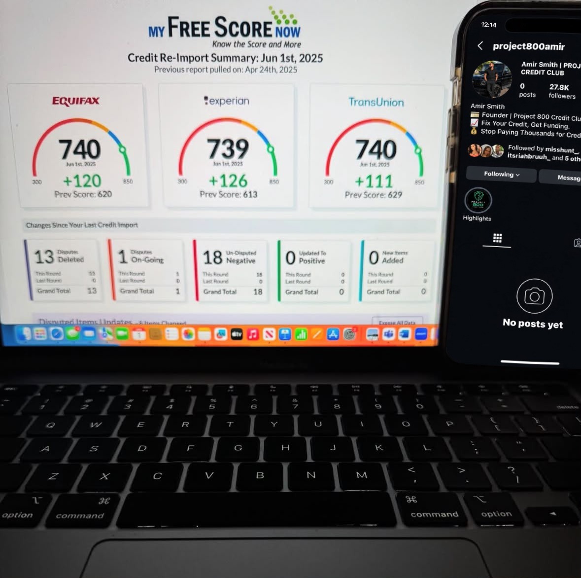 3-bureau credit report showing scores of 740, 739 and 740 after disputes